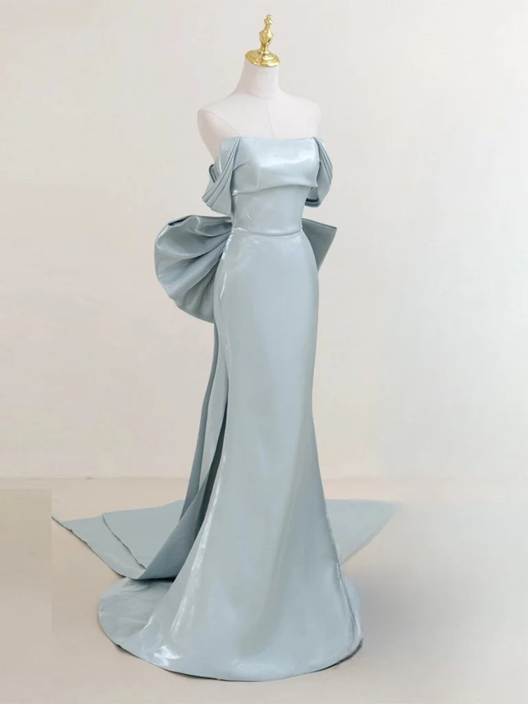 Wholesale Simple Off Shoulder Satin Blue Long Prom Dress Blue Long Formal Dress gowns evening dresses